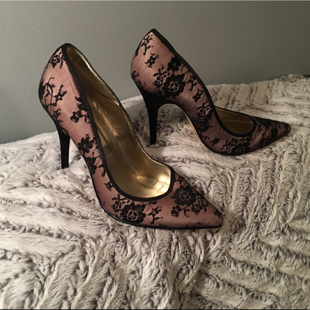 Black lace over tan heels